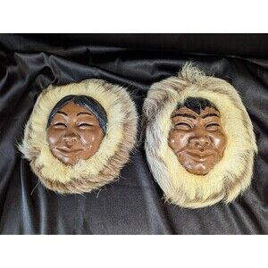 Two (2) 1950s Native Alaskan Plaque Faces Man Woman by Lonnie H Temple Handmade